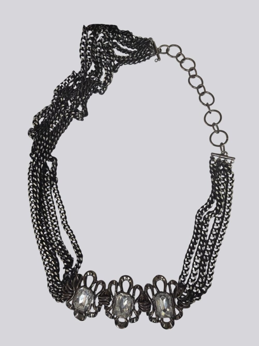 Vintage-Style Black Multi-Chain Necklace With Clear Rhinestone Accents - Picture 10 of 16